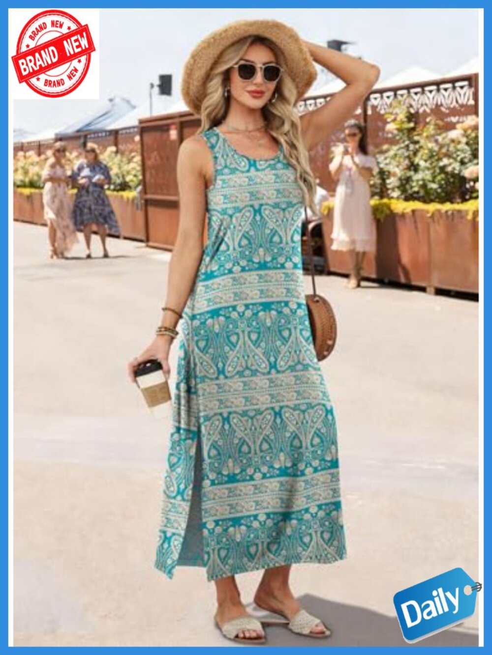 Sleeveless Maxi Dress with Pockets, Boho Summer Sundress, Loose Fit, Crew Neck, - Picture 2 of 6